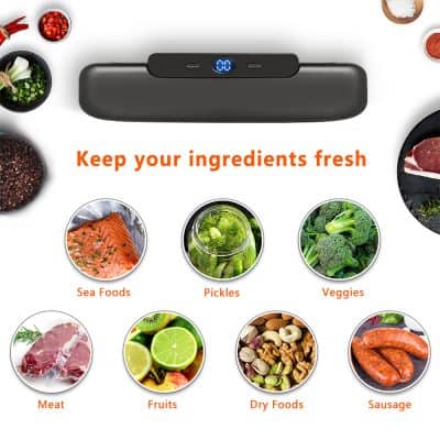 Fresh food preservation device showcasing kitchen storage with digital interface for keeping ingredients like seafood, vegetables, and meats fresh and organized.