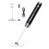 Stainless steel milk frother with handheld wand, USB charging cable, stand holder, and cleaning brush, perfect for making frothy coffee and latte art at home or cafe.