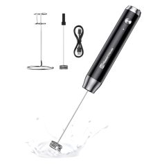 Stainless steel milk frother with handheld wand, USB charging cable, stand holder, and cleaning brush, perfect for making frothy coffee and latte art at home or cafe.