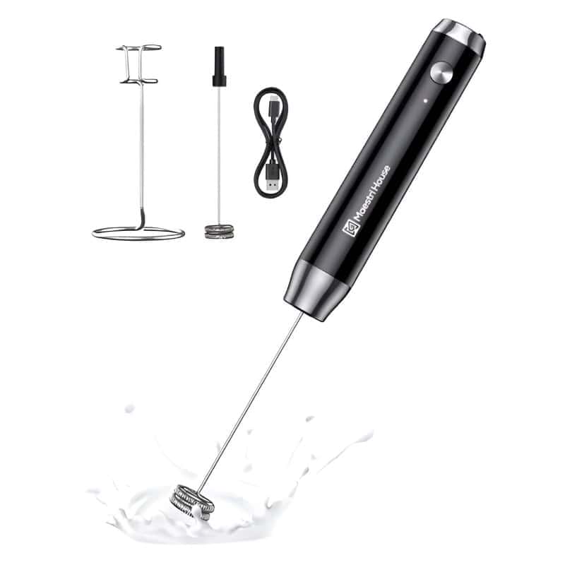 Stainless steel milk frother with handheld wand, USB charging cable, stand holder, and cleaning brush, perfect for making frothy coffee and latte art at home or cafe.