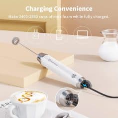 Hotly charged milk frother for coffee and cappuccino, portable electric foam maker, Monalisa Medical opt devices for efficient beverage preparation.