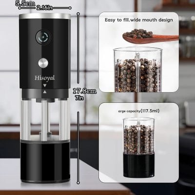 Seasoning grinder, pepper mill, large capacity spice grinder, stainless steel, easy fill, wide mouth design, professional kitchen tool, 117.5ml capacity, durable spice crusher, monalisa store, monalisamedical.com, black and silver spice grinder with clear container, perfect for fresh ground pepper and spices, high-quality culinary equipment for home and professional chefs.