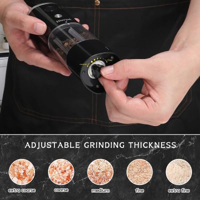 Salt and pepper grinder, adjustable grind size from extra coarse to extra fine, black and clear design, perfect for seasoning at the dinner table or in the kitchen, high-quality spice mill for culinary use.