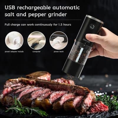 USB rechargeable salt and pepper grinder for cooking and dining, with automatic turn-on. Fully charge for 1.5 hours using included power adapter, computer, or power bank.