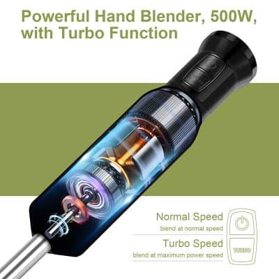 Powerful hand blender with 500W motor, turbo function, and sleek design, ideal for professional and home kitchen use. Includes features for normal and maximum speed blending for versatile cooking needs.