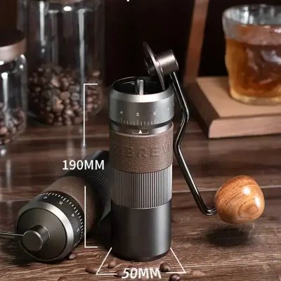 Manual coffee grinder with adjustable settings, ideal for espresso beans and home brewing.