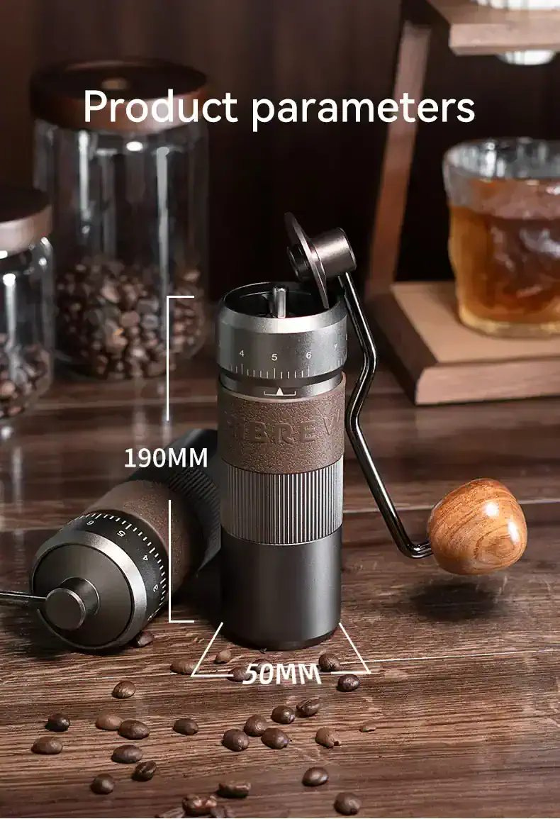 Manual coffee grinder with adjustable settings, ideal for espresso beans and home brewing.