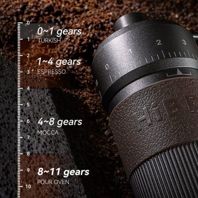 0~1 gears TURKISH, 1~4 gears ESPRESSO, 4~8 gears MOCCA, 8~11 gears POUR OVEN; coffee grinder setting dial for precise coffee grind levels, ideal for espresso, moka, and pour-over brewing.