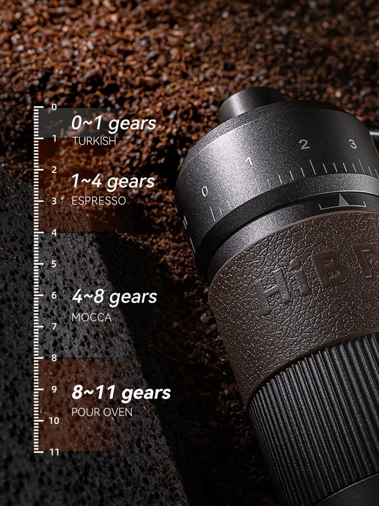 0~1 gears TURKISH, 1~4 gears ESPRESSO, 4~8 gears MOCCA, 8~11 gears POUR OVEN; coffee grinder setting dial for precise coffee grind levels, ideal for espresso, moka, and pour-over brewing.