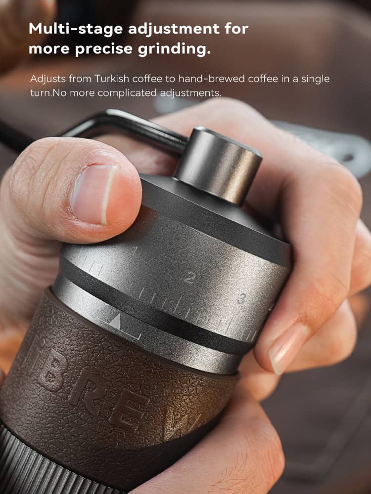 Multi-stage coffee grinder with adjustable settings for precise grinding, featuring Turkish coffee to hand-brewed coffee options, compact and efficient design for coffee enthusiasts.