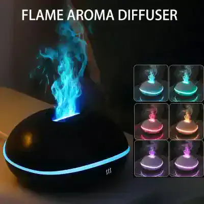 Color-changing flame aroma diffuser with LED lights, stylish home decor, and essential oil vapor, available at Monalisa Medical Store.