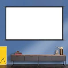 Large white projection screen in modern Monalisa optical store interior with stylish decor and Optometry branding.