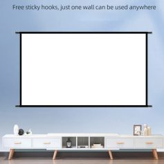 Removable projection screen with wall mount for home theater or presentation in modern living room setting.