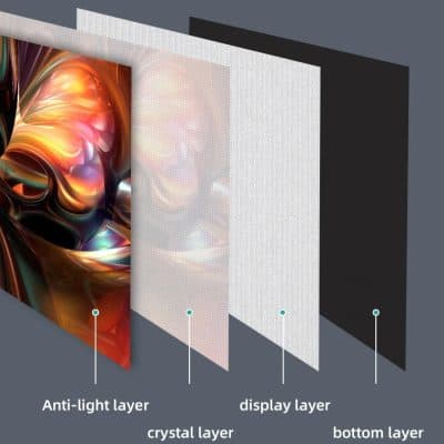 Vivid abstract digital artwork displayed on an anti-light layer, perfect for visual displays in optical stores such as Monalisa Medical.