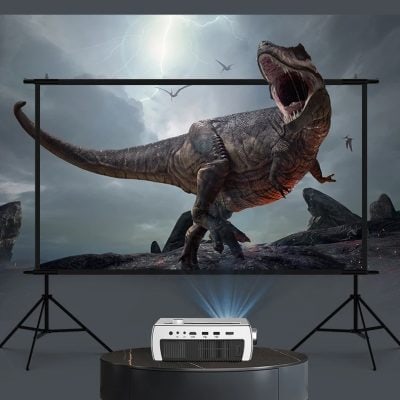 Vivid dinosaur projection on screen with stormy sky background, showcasing advanced visual display technology for entertainment and educational purposes.