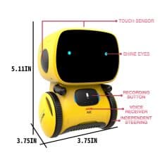 Robotic pet monitor with touch sensor and voice recorder, yellow and black, compact device for pet care and communication, ideal for pet owners seeking interactive pet remote control.