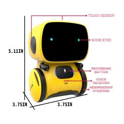 Robotic pet monitor with touch sensor and voice recorder, yellow and black, compact device for pet care and communication, ideal for pet owners seeking interactive pet remote control.