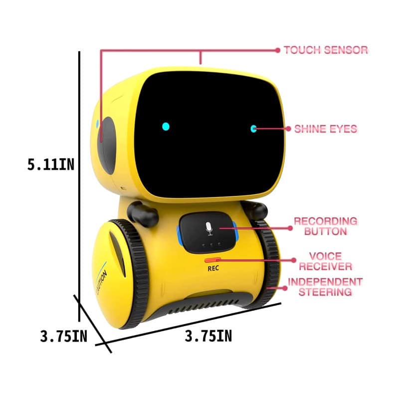 Robotic pet monitor with touch sensor and voice recorder, yellow and black, compact device for pet care and communication, ideal for pet owners seeking interactive pet remote control.