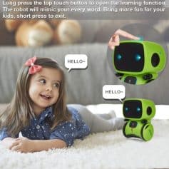 Cute young girl interacting with a learning robot toy, educational robot for kids, Monalisa Store, kids' learning robot, fun educational toy for children, child-friendly robot with voice recognition, innovative educational device for children, STEM toy for kids' development, interactive robot fun for kids.