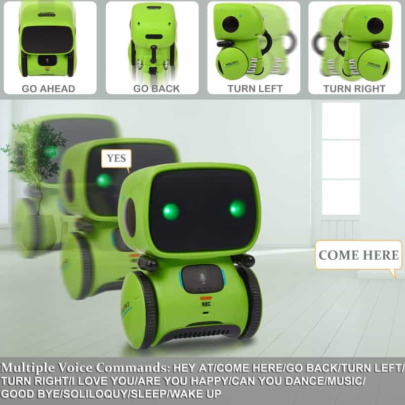 Robot toy with voice command features for kids educational entertainment and interaction for children healthcare and learning purposes.
