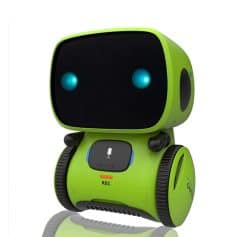 Cute green robot toy with a black screen for face, blue eyes, and wheels, designed for interactive entertainment and learning for children.