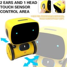 Robotic toy with touch sensor and movement controls, yellow and black, family-friendly interactive device for kids and educational use, suitable for enhancing motor skills and creativity.