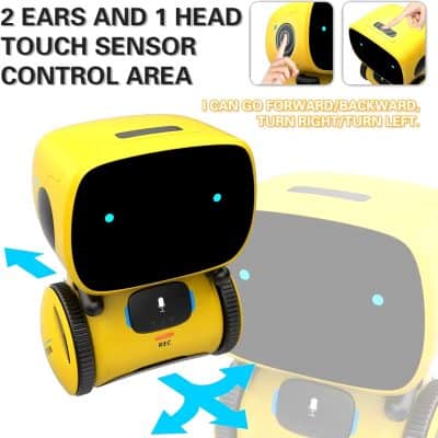 Robotic toy with touch sensor and movement controls, yellow and black, family-friendly interactive device for kids and educational use, suitable for enhancing motor skills and creativity.