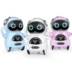Cute robotic toy robots in pastel blue, white, and pink, featuring LED digital faces and interactive design, ideal for children’s educational and entertainment purposes at Monalisa Store.