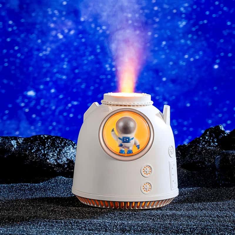 Futuristic astronaut-themed air purifier with LED display, designed for modern home use, featuring sleek white exterior and space-inspired accents for a stylish decor accessory.