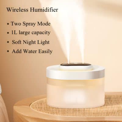 Wireless humidifier with two spray modes, large capacity, soft night light, and easy water addition, ideal for home or office use.