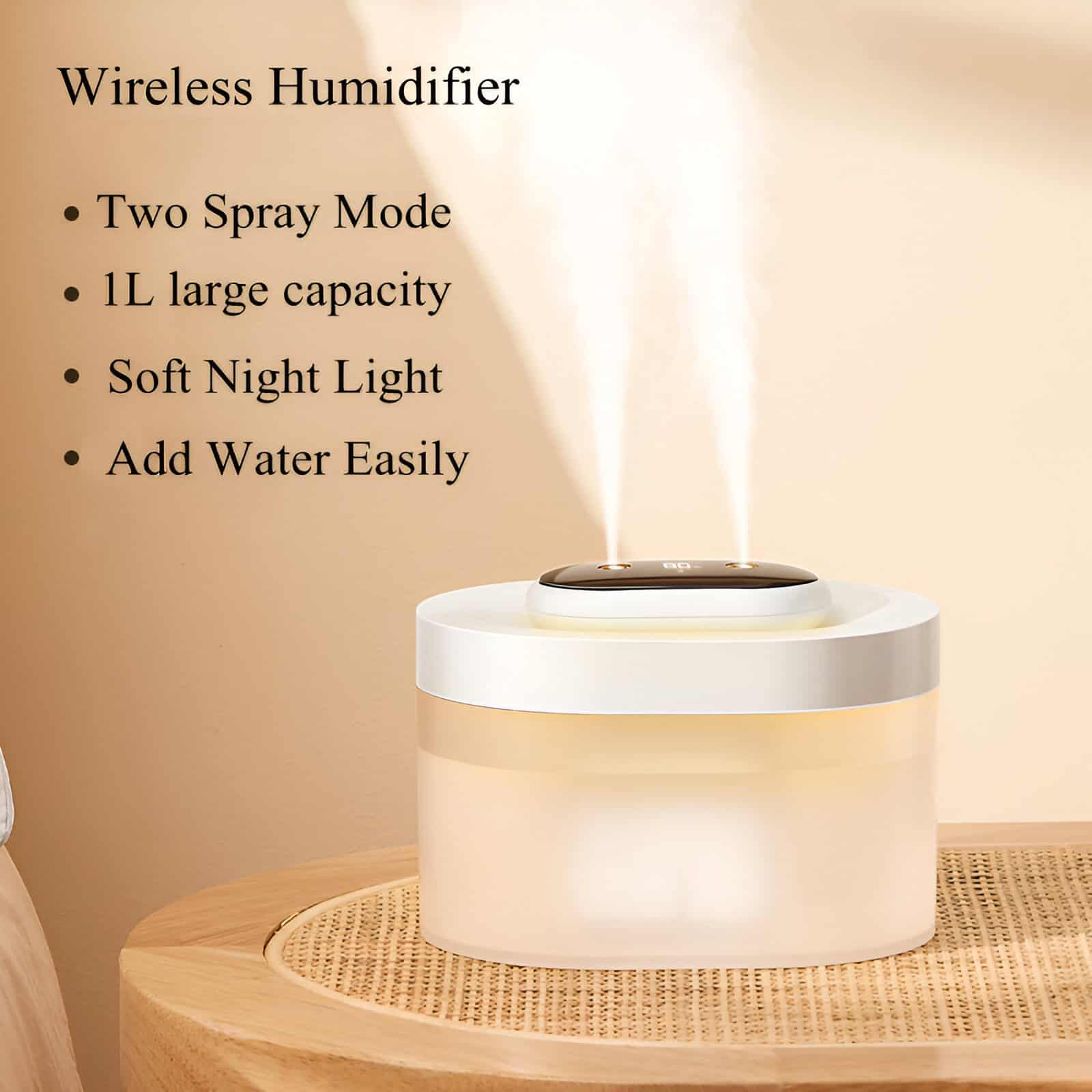 Wireless humidifier with two spray modes, large capacity, soft night light, and easy water addition, ideal for home or office use.