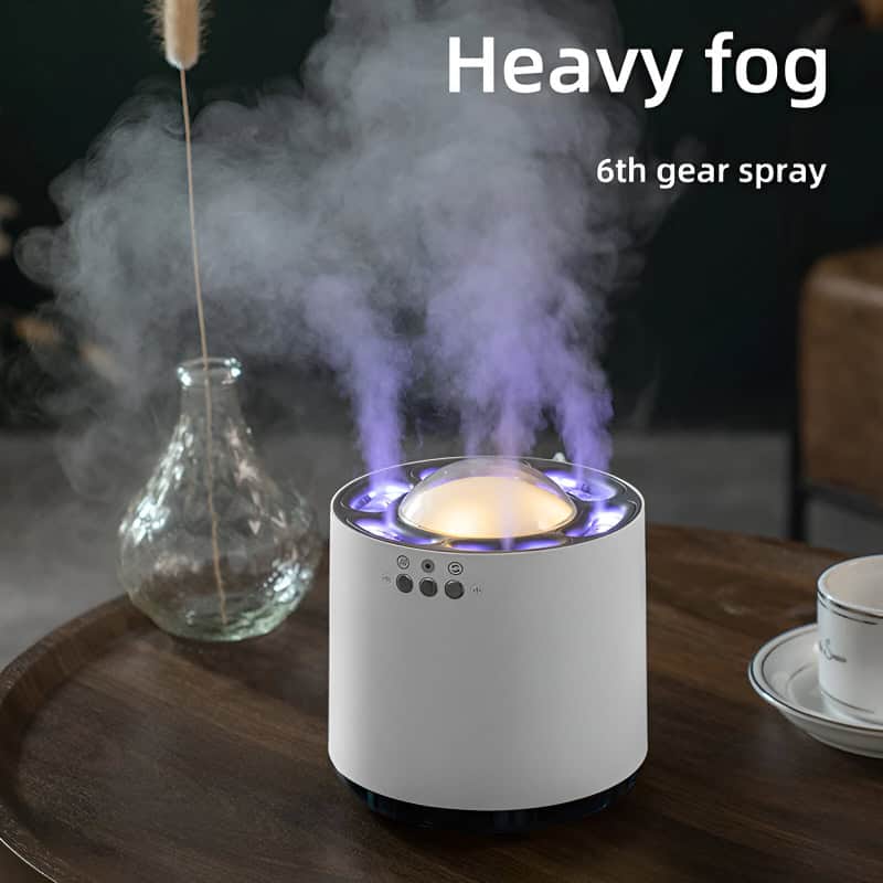 Heavy fog aromatherapy diffuser with color-changing LED lights for relaxation and stress relief at Monalisa Store.