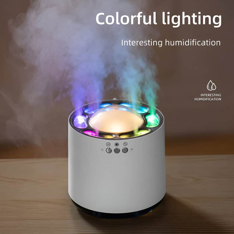 Colorful hue diffuser and humidifier with LED lights, modern air purifier for home health and wellness.