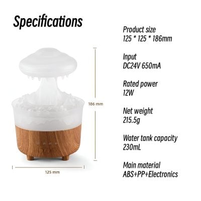Automatic humidifier for air purification and skincare with wood finish, 125mm x 125mm x 186mm, energy-efficient, suitable for home and office use.