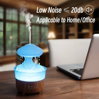 Cool mist humidifier with soft blue glow for home or office use, low noise operation. Perfect for creating a comfortable environment, reduces dryness, promotes wellness, and adds to modern indoor decor.