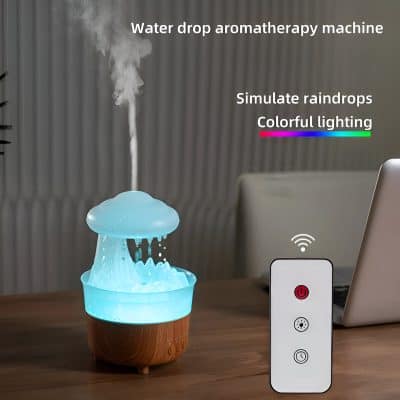 Water drop aromatherapy diffuser with colorful lighting, mist, and remote control for stress relief and relaxation at Monalisa Store.