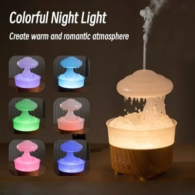 Colorful night light diffuser with changing LED colors creating a warm and romantic atmosphere, ideal for home decor and sleep aid.
