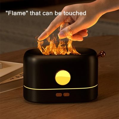 Flame effect virtual fireplace or heater with touch control and ambient lighting for home relaxation and ambiance enrichment.