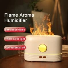 Flame aroma humidifier with simulation flame and triple-color light, adding essential oil for aromatherapy, for home and office relaxation.
