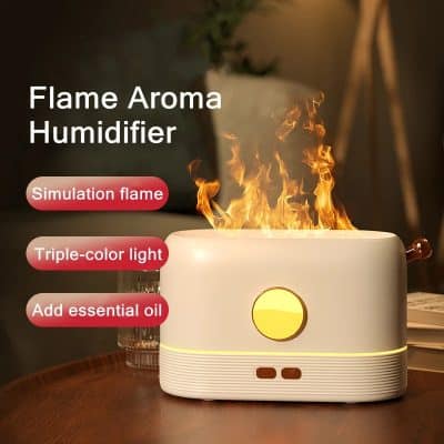 Flame aroma humidifier with simulation flame and triple-color light, adding essential oil for aromatherapy, for home and office relaxation.