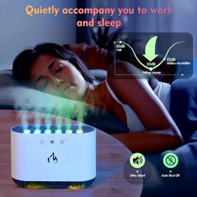 Air humidifier with LED lights creating a calming atmosphere, ideal for promoting restful sleep and improved indoor air quality, featured on Monalisa Medical store.