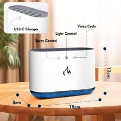 USB-C rechargeable mini humidifier with spray control, light control, and voice/cycle functions, ideal for home or office use. Compact, portable design with dimensions of 18cm x 12cm x 8cm.