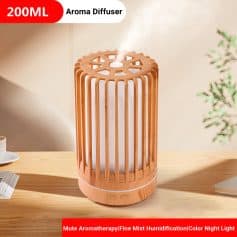 Lavender wooden aroma diffuser with remote control, silent operation, and adjustable mist settings for aromatherapy, humidification, and color night light. Perfect for home or office relaxation.