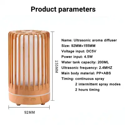 Ultrasonic aroma diffuser with wood design, 200ML water capacity, 2.4MHZ frequency, and ambient home or spa use, perfect for essential oils and creating relaxing environments.