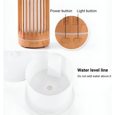 Silk wooden ultrasonic diffuser with LED light, power button, and water level indicator for home aromatherapy and relaxation.