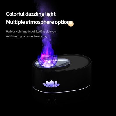 Colorful mood lighting diffuser with multiple atmospheric options, lotus design, ideal for creating relaxing ambiance and improving interior decor in opt homes and wellness spaces.