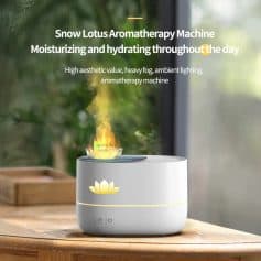 Snow Lotus Aromatherapy Machine for moisturizing and hydration, perfect for stress relief and wellness, with high aesthetic value, ambient lighting, and heavy fog features.
