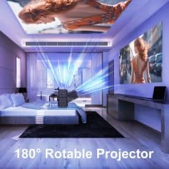 High-quality projector in a modern bedroom, 180-degree rotatable image projection on ceiling, home theater system, vibrant light display, entertainment setup for watching movies and videos, Monalisa Store optics solutions.