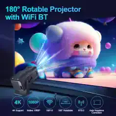 High-quality 4K projector with WiFi BT support, 180° rotatable lens, ideal for home theater, gaming, and professional presentations. Features auto keystone correction and native 1080P resolution.