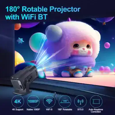 High-quality 4K projector with WiFi BT support, 180° rotatable lens, ideal for home theater, gaming, and professional presentations. Features auto keystone correction and native 1080P resolution.